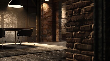 The image is a dark and moody room with a wooden table and chairs in the foreground