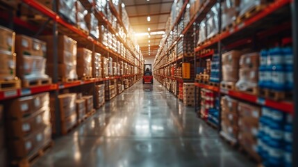 A blurred figure stands at the end of an aisle between tall shelves stacked with goods in a warehouse