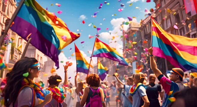 bustling Pride parade with diverse individuals celebrating, waving rainbow flags and showcasing colorful outfits and face paint. The background features festive decorations, banners, and confetti, enc