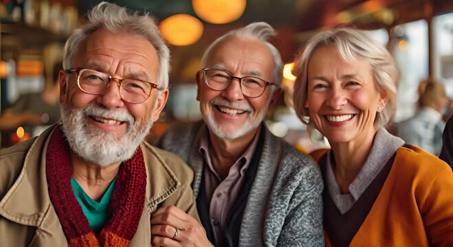 A happy team of people in their 60s in a random scene