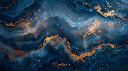 This image showcases an abstract fluid art texture with shades of blue and glimmering gold accents, resembling agate or a natural geological formation