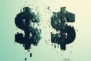 Fragmented dollar symbols disintegrating into small blocks on a light background, representing digital currency and financial disruption