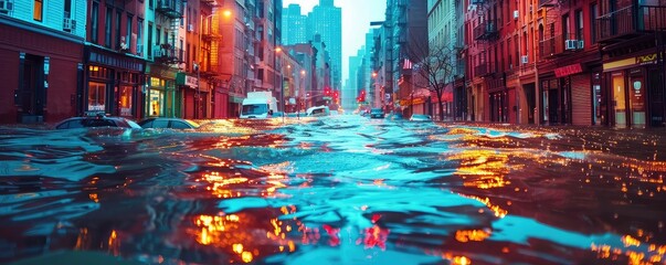 Urban flooding, submerged streets, heavy rainfall, vibrant colors, climate change consequences, high resolution,