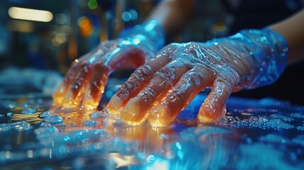 Gloved hands submerged in a reflective blue liquid with vivid lighting and glittering reflections