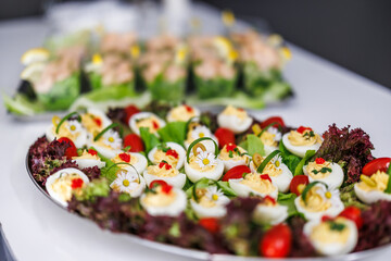 Colorful appetizer platters featuring deviled eggs decorated with daisy edible flowers and fresh vegetables