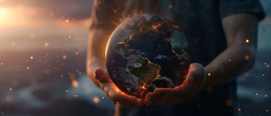 Hands holding the Earth with bustling cities lit in twilight.