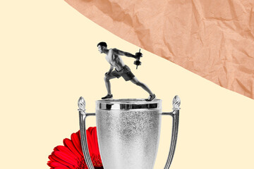 Composite artwork 3D sketch image collage of black white figure young guy sportsman workout gym effort walk kettlebell win trophy flower