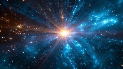 A captivating visual of a hyperspace jump with bright light rays extending from a central point amongst stars