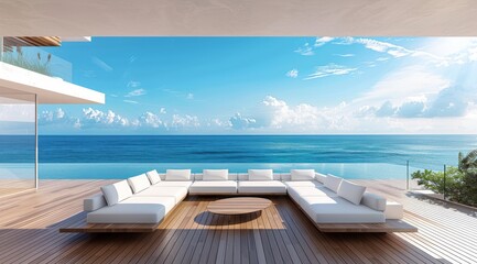 Fototapeta premium A large wooden terrace with white sofas overlooking the sea, blue sky and calm ocean