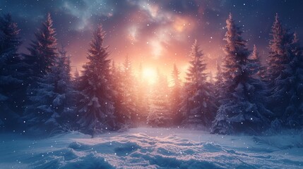 A mesmerizing sunrise piercing through snow-clad pine trees under a starry sky creates a magical winter landscape