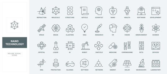 laboratory research of chromosomes and molecular structure, chemical liquid and brain, chemistry lab innovation thin black and red outline symbols, vector illustration. Nanotechnology line icons set