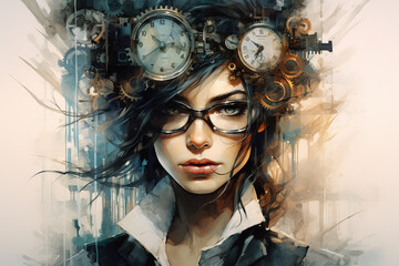 Steampunk style painted portrait of a beautiful young woman wearing a hat with clocks