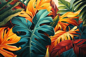 Vibrant Tropical leaves at sun light. Jungle color. Generate Ai