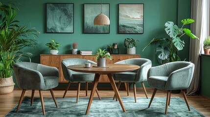 Stylish dining room setup with eclectic art on the walls, wooden furniture, and indoor plants creating a vibrant atmosphere