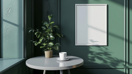 A chic coffee shop design with a blank frame mockup on a grey table, walls painted in deep green for a relaxing ambiance.