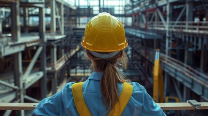 Building the Future: Construction Worker Observes Steel Structure from Balcony in Progress