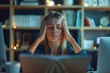 Fatigued and overwhelmed businesswoman with a severe headache massaging her temples due to overworking and suffering from chronic migraines.