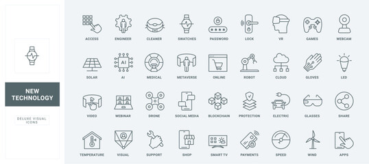 Robot and drone, cloud data protection and blockchain, mobile apps for social media and online payment thin black and red symbols vector illustration. New smart technology of future line icons set