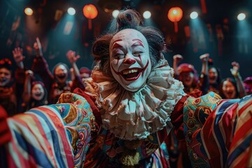 A picture showing an Asian guy dressed as a clown in a classic costume, from head to toe