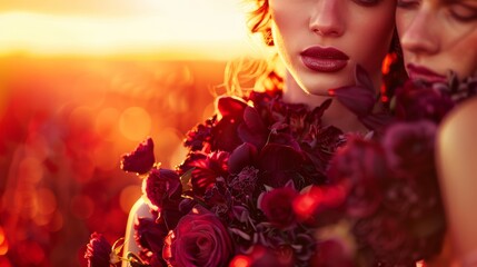 Romantic couple embracing with a sunset background, surrounded by vibrant flowers, creating a dreamy atmosphere.