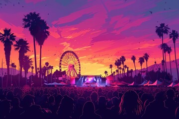 A vector cartoon of the Coachella music festival with a crowd in front and a stage behind