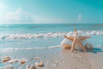 Seashells and starfish on a pristine beach, natural light, calm waves, serene beach vacation