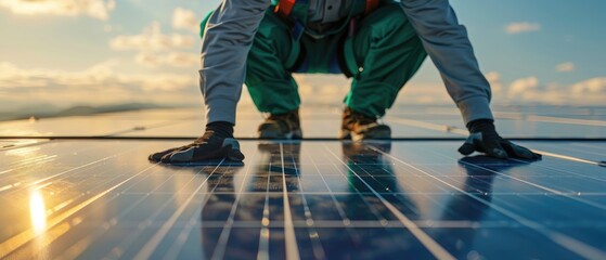 A solar panel being set up in the style of an electrician wearing a white t-shirt and green pants