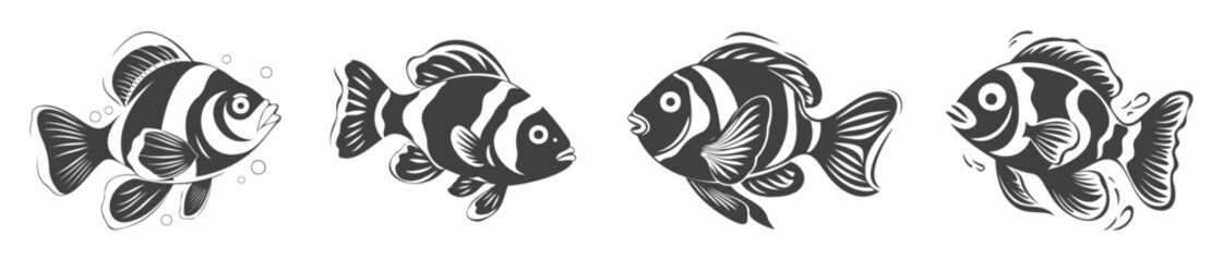 set of clown fish silhouettes, black and white vector design