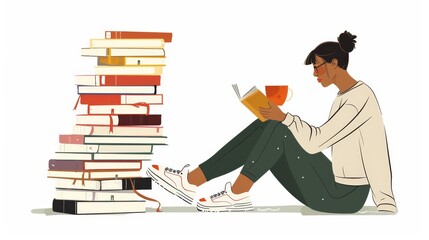 Illustration of a woman reading a book next to a tall stack of books, cup of coffee in hand.