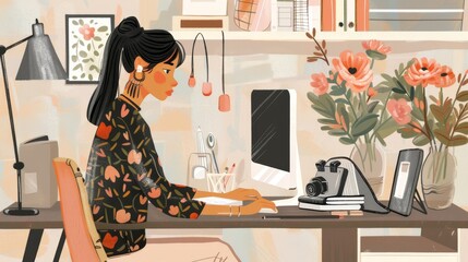 Illustration of a woman working at a desk with flowers, cozy home office.