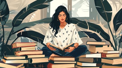 Illustration of a woman reading a book next to a tall stack of books, cup of coffee in hand.