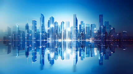 Skyscrapers of a smart city, futuristic financial district, graphic perspective of buildings and reflections on water background for corporate and business brochure template