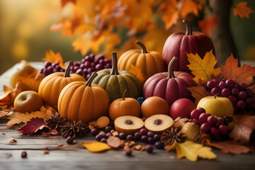 A vibrant Thanksgiving scene: abundant organic fruit, fallen leaves in Indian summer hues.