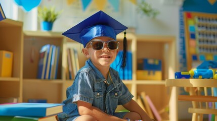 Back to school concept. Cheerful boy in blue graduation cap and sunglasses, wearing denim jacket, sitting in bright classroom with colorful books and toys, smiling happily.