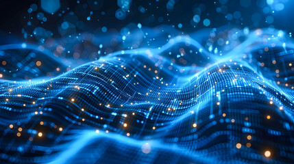 Abstract blue tech background with digital waves, cyber quantum computing and electronic global intelligence, dynamic network system, artificial neural connections