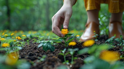 Fototapeta premium A person carefully sows seeds in the ground, using their foot to touch the soil and connect with the environment.