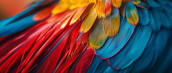 Vivid hues and textures of a parrot's plumage in stunning detail.