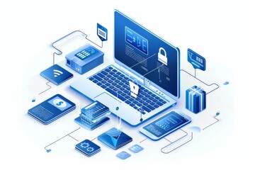 Obraz premium Advanced cybersecurity solutions with encrypted data protection, featuring a secure digital network and modern tech interface in blue white colors for safe online and computer security