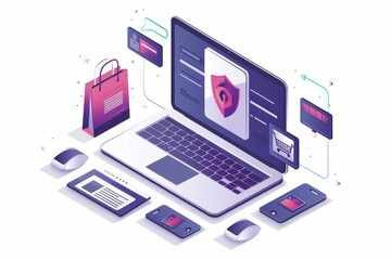 Secure online shopping with advanced digital protection, featuring a locked laptop and encrypted data in a pink blue setting for safe e commerce transactions and cybersecurity
