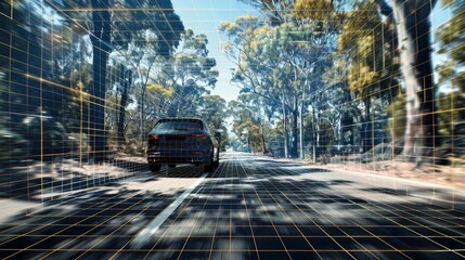 Obraz premium The reverse camera view with a detailed grid showing the vehicles surroundings and potential hazards.