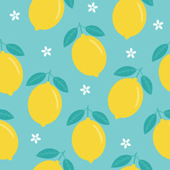 Seamless lemon pattern - citrus illustration with leaves repeating on a light blue background