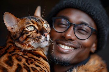 Man with Bengal Cat Close-Up Portrait for Pet and People Photography