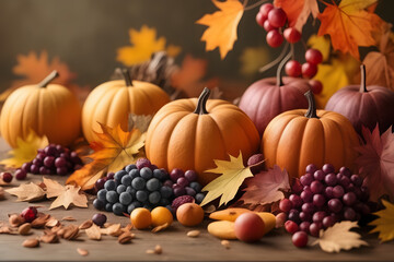 A vibrant Thanksgiving scene: abundant organic fruit, fallen leaves in Indian summer hues.