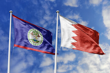 3d illustration. Belize and Bahrain Flag waving in sky. High detailed waving flag. 3D render....