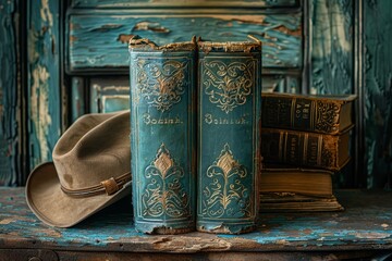 Vintage books and a cowboy hat rest on an aged wooden table, evoking a sense of history and nostalgia in a rustic setting.
