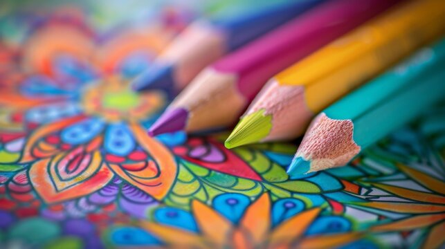 Stress-relief activities, adult coloring book and pencils, soft ambient light, creative and soothing, high-angle shot, colorful details