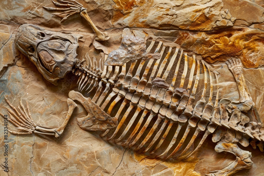 Poster a well-preserved dinosaur skeleton fossil embedded in rock, showcasing paleontological significance