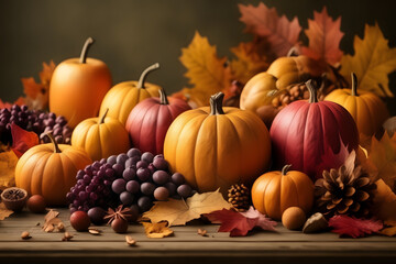 A vibrant Thanksgiving scene: abundant organic fruit, fallen leaves in Indian summer hues.