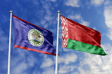 3d illustration. Belize and Belarus Flag waving in sky. High detailed waving flag. 3D render....