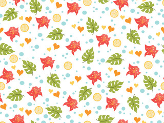 Tropical flowers seamless pattern flat style.
